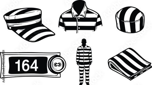 Flat vector icon set of striped prison hat striped shirt prisoner uniform badge number 164 folded blanket prisoner silhouette isolated black and white graphic simple icons