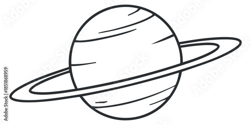 A simple outline illustration of a planet with rings in minimalist vector style, ideal for educational materials or space-themed designs