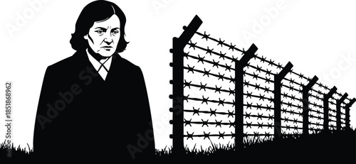 Stencil silhouette high contrast vector of solitary figure standing beside barbed wire fence facing viewer wearing dark coat in bleak landscape composition foreground grass minimalism dramatic