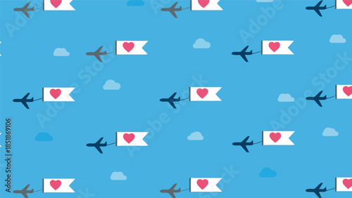 Travel Pattern with Love Banners and Airplanes on Blue Background