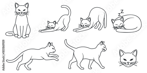 A collection of playful and sleeping cat illustrations in black and white minimalist vector style, ideal for pet-themed designs