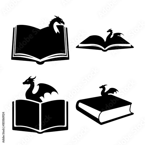 Dragon and book silhouettes set, fantasy literature reading