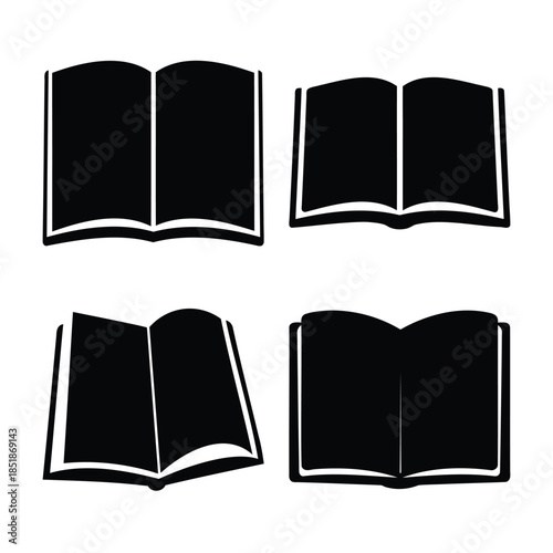 Open book black silhouette icons for learning and study