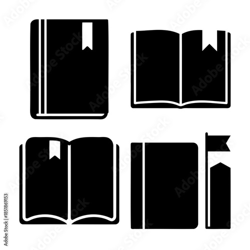 Collection of book and bookmark silhouette icons for study