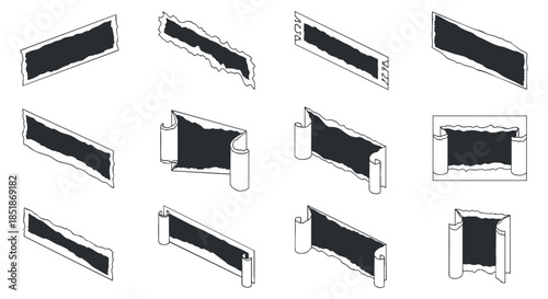 A collection of torn paper and scroll designs in black and white vector style, ideal for creative projects and graphic design