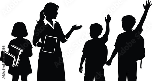 Silhouette vector flat design teacher with three children raising hands holding books side view classroom scene high contrast black silhouettes female teacher pointing students looking attentive