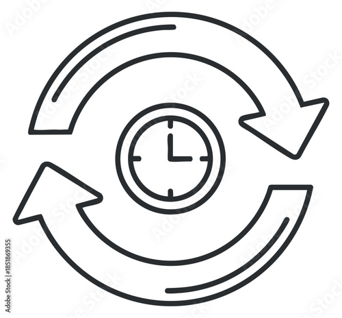 A circular clock with two rotating arrows in minimalist outline vector style, ideal for time management and workflow design