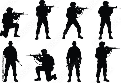 Military soldier silhouettes set in combat stances with rifles isolated on white background for defense security illustration concept collection artwork