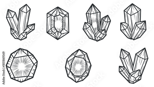 A set of geometric crystal illustrations in black and white outline vector style, ideal for design projects and branding