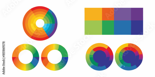 Colorful geometric shapes and color wheel designs illustrate vibrant spectrums and gradients