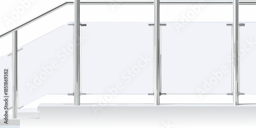 Modern glass railing system on a staircase with stainless steel supports