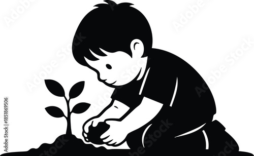 Minimalist silhouette close up of young child kneeling planting a small sapling in garden soil looking down with focused pose low angle morning soft natural light
