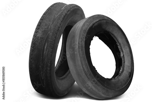 old worn damaged tire isolated on white background