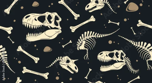 Fototapeta Ancient dinosaur skeletons bones seamless pattern on a dark background paleontological illustration prehistoric era fossils wallpaper.