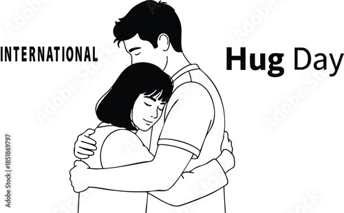 Line art close up man and woman hugging looking at camera side view casual clothing monochrome illustration text international hug day celebration warm tender intimate caring
