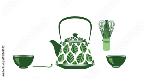 Elegant green matcha tea ceremony set featuring a teapot with leaf pattern a traditional whisk and two bowls.