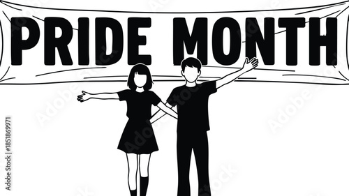 Line art close up of two silhouetted figures holding pride month banner looking at viewer in bold black and white flat vector protest illustration simple graphic