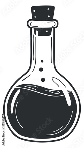 A laboratory flask filled with liquid in black and white outline vector style, ideal for educational materials and scientific illustrations