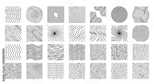 Diverse collection of abstract geometric and organic line patterns featuring waves spirals and maze-like designs.