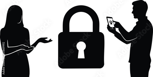 Flat design silhouettes side view woman and man with central padlock icon man scanning smartphone for access and woman gesturing consent on white background security concept
