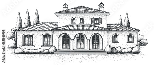 A detailed illustration of a vintage villa with a landscaped garden and trees in black and white sketch style, suitable for architectural design projects