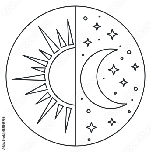 A sun and moon illustration divided in a circle with stars and celestial elements in black and white outline vector style, suitable for astrological designs