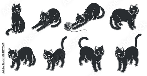 A set of playful black cats in various poses and activities in flat vector style, ideal for pet-related designs