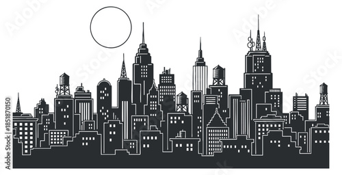 A detailed skyline illustration featuring iconic buildings in black and white outline vector style, perfect for urban design projects