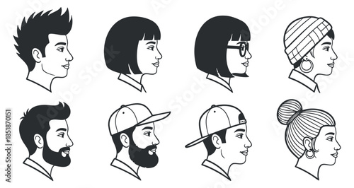 A set of diverse character profiles featuring various hairstyles, hats, and glasses in black and white vector style, ideal for fashion and identity illustrations