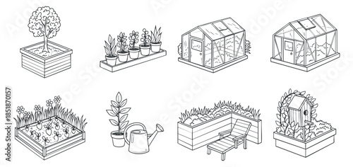 A collection of gardening elements including a tree, potted plants, a greenhouse, and gardening tools in black and white outline style, suitable for gardening projects and educational materials