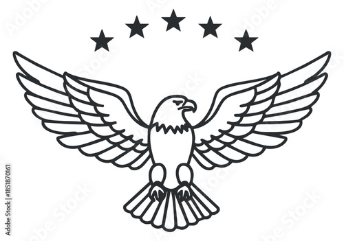 A stylized eagle with outstretched wings in black outline vector style, featuring five stars above, perfect for logo and emblem design