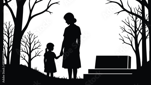 Silhouette vector side view mother holding little girls hand at graveside beside bare trees low angle memorial scene high contrast black and white somber quiet respectful