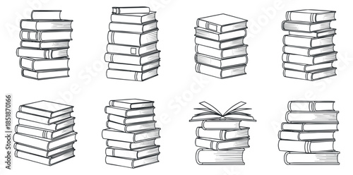 A collection of various book stacks and an open book in clean outline vector style, suitable for educational and literary projects