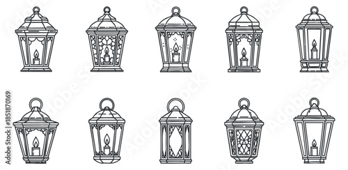 A collection of vintage lanterns in black and white outline vector style, suitable for home decor and design projects