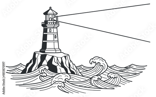 A lighthouse standing tall on a rocky shore with waves crashing around it in black and white outline vector style, suitable for nautical themed designs