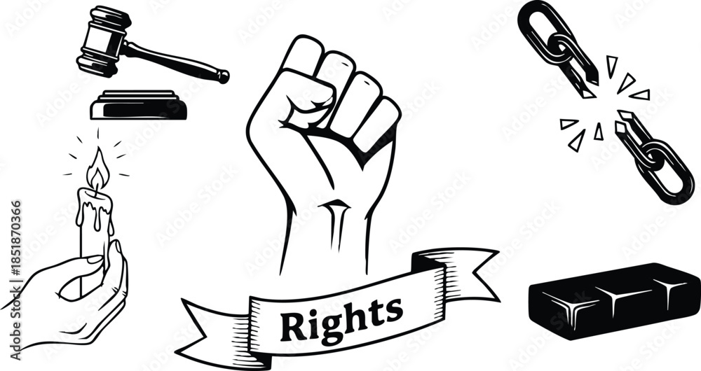 Fototapeta premium Line art clenched fist rising banner rights ribbon gavel and block broken chain candle in hand protest icons bold high contrast vector illustration graphic monochrome symbolic