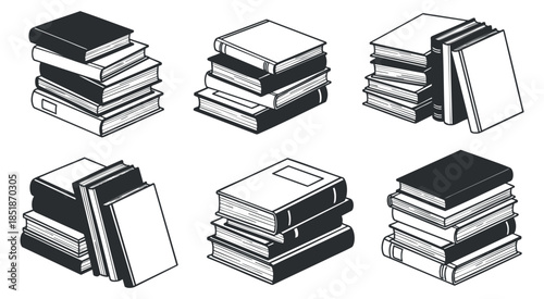 A collection of stacked books in black and white outline vector style, suitable for educational and literary designs