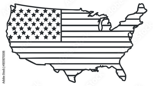 An outline of the United States map combined with the American flag design in minimalist vector style, suitable for patriotic themes and graphic projects