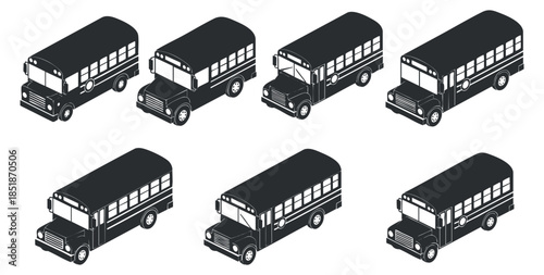 A set of school buses in black and white flat vector style, suitable for transportation themes and educational graphics