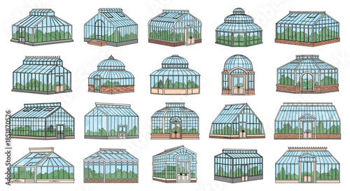 Extensive collection of diverse greenhouse designs and architectural styles perfect for gardening and horticultural concepts.