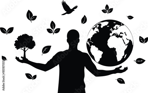 Silhouette vector art person balancing tree in left hand and earth globe in right hand looking at camera surrounded by leaves and birds with minimalist black