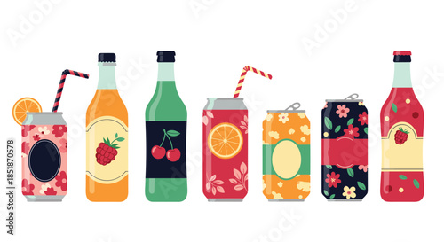 Vibrant collection of fruit-flavored drinks presented in diverse bottles and cans with colorful labels and patterns.
