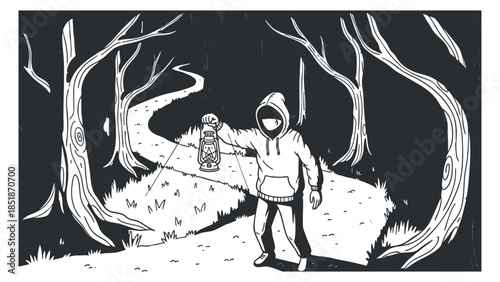 A silhouette of a person holding a lantern while walking along a path in a dark forest, illustrated in black and white vector style, suitable for adventure and exploration themes.
