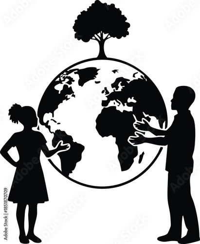 Minimalist vector silhouetted man and woman holding globe with small tree on top facing each other in high contrast environmental partnership concept side view close up