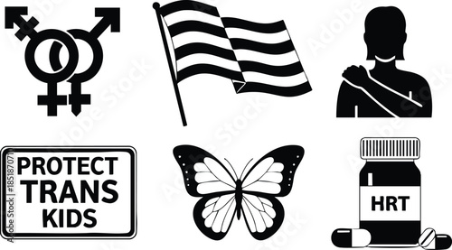Flat design black icon set close up showing trans rights symbols including transgender sign waving flag person silhouette protect trans kids sign butterfly hrt bottle simple