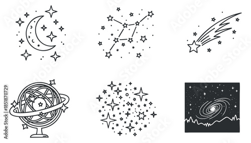 A collection of celestial vector icons featuring a moon, stars, constellations, a comet, and a galaxy in black and white outline style, ideal for astronomy-themed designs