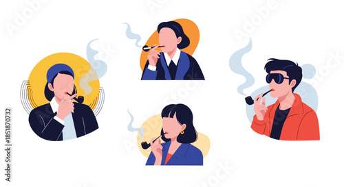 Set of four diverse male and female characters smoking elegant pipes with varying abstract background elements.