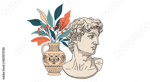 Artistic depiction of a classical bust sculpture resembling David juxtaposed with a vase containing abstract green and orange plants.