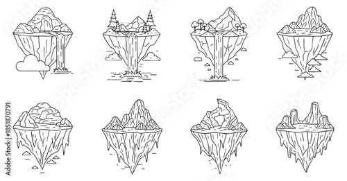 A collection of eight minimalist outline vector illustrations of icebergs and mountains, suitable for nature-themed designs or outdoor adventures.