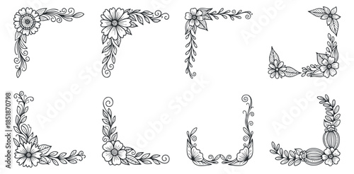 A set of floral corner ornaments in black and white outline vector style, ideal for decorative projects and invitations